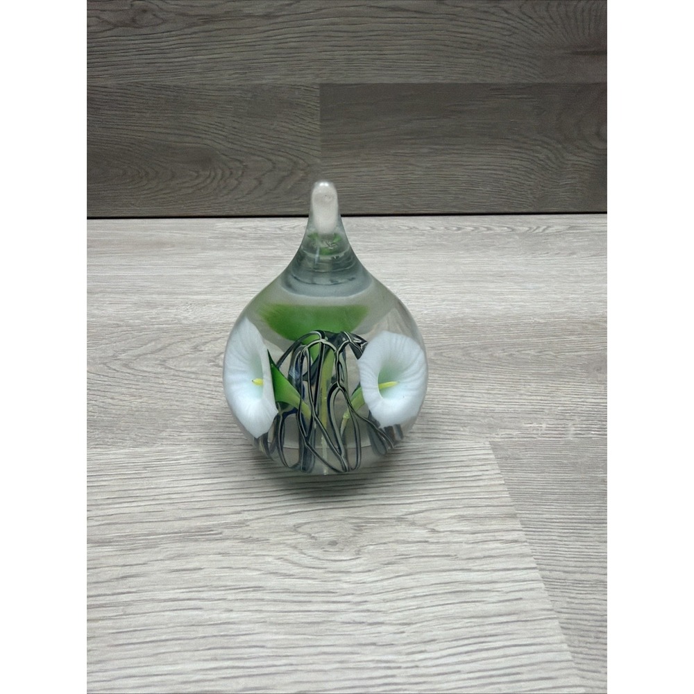 Vintage Art Glass Paperweight Stripper Green Ribbon & Floral Design 4" Very Nice - Picture 4 of 7